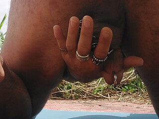 Pierced cock with scrotal ladder anal play & cum