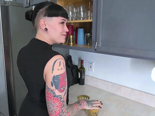 Goth babe gives the best blowjob to a big-dicked guy in a dungeon