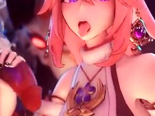 Yae Miko Surrounded by Hilichurl Cocks Gangbang Threesome Double Handjob - Genshin Impact Porn