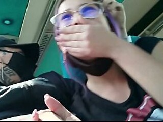 Lucky bus rider gives a blowjob and fucked in public by tattooed Latina