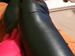 Fooling around, red latex opera gloves and black latex stockings