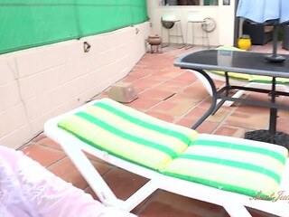 Mature milf with big tits sucks and rides youthful pool boy