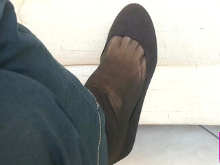 Dangling in Black Flats and Black Nylon Socks
