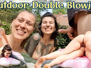 Outdoor Double Blowjob After Some Fun in Our Pond