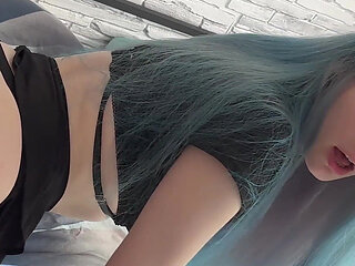 Fuck Me, Stepdaddy! Blue-haired Slut Got Dick in Her Pussy and Was Drenched in Cum.