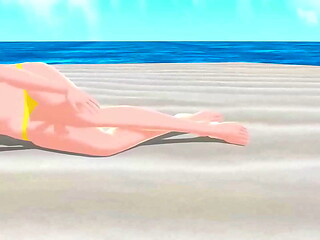 Emma Blonde anime girl tried on micro bikinis on the beach.