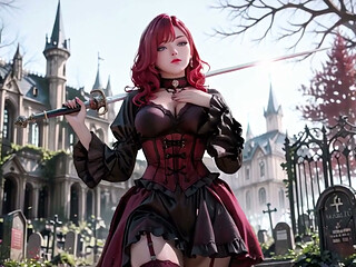 Redhead Gothic Muse: A Forbidden Encounter in the Dark Cemetery.
