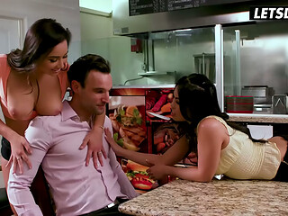 Gina Valentina and Karlee Grey Flash Tits, Stroke His Chest at the Diner