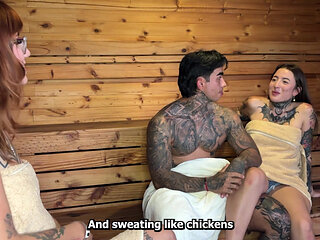 My neighbor leaves me alone with her boyfriend and we end up fucking in the sauna