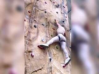 Sexy amateur babe's first rock climbing training session