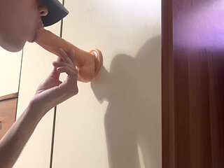 Italian Twink practice deepthroat on a dildo