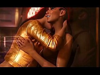 Lesbian cyberpunk lovers share a horny kiss