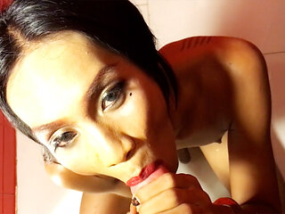 Wet Asian shemale bitch gave a blowing cock