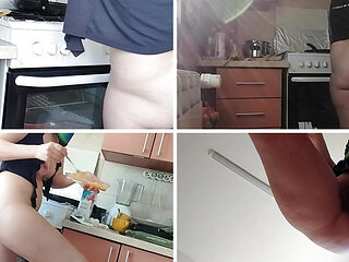 Sexy naked wife preparing food in the kitchen.