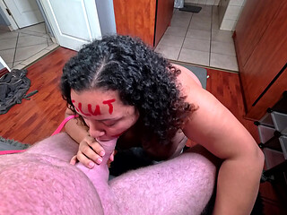 Degraded Whore on a Leash Sucking My Cock and Jerking Me off While Barking