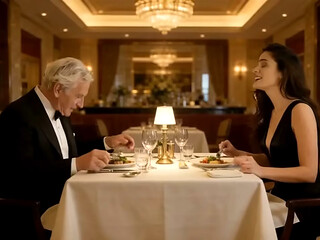 AN INDECENT PROPOSAL. OLD MAN WITH YOUNG WOMAN. AI GENERATED