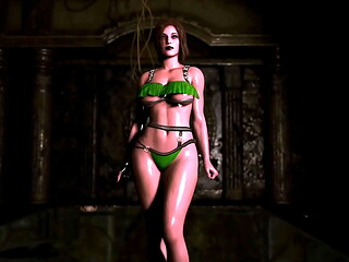 Busty doppelganger Lara Croft in sexy bikini show off oiled body in cave