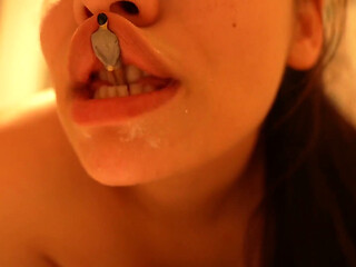 A Giantess Brushes Her Teeth While Her Tiny Husband Watches