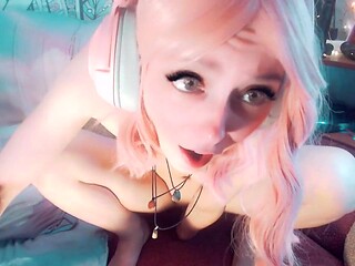 Pink-haired gamer girl gets a deepthroat and rides a dildo