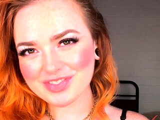 Busty redhead babe strips and masturbates