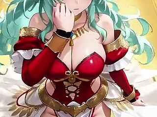 Golden Hall Fantasy! Green-haired Knight in Red-white Armor Kneeling, Teasing with Floating Magic Books - Divine Meets Carnal!