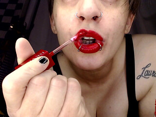 Thick Red Lipstick Application