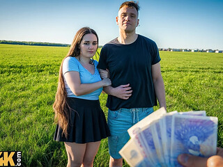 Horny guy picks up a chick with big natural boobs in the countryside.