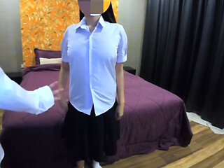 A Thai Schoolgirl with a Large, Smooth, Hairless Vagina Straddles and Rides a Male Genitalia.