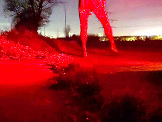 Wanking side of road In body stocking. Cars passing