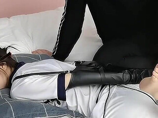 A Cute College Girlfriend Tries on the Restraints of a Leather Single Glove and Leather Ankle Shackles, Tickling Her Feet