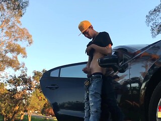 Huge uncut cock strokes big cumshot in public