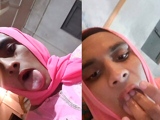Hijabi crossdresser spitting and ass sucking with fingers