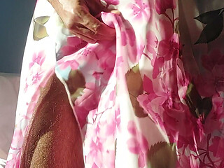 Shemale masterbate and cum in a silky seethrough Chiffon Fleared floral frock