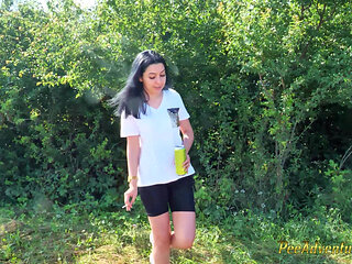 Sexy Brunette Trying Hard to Empty Her Bladder Outside, Then Quick Pee Next to a House in Construction