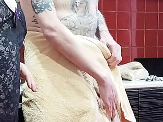 My mother-in-law saw my boner and started jerking off and sucking my dick until I cum