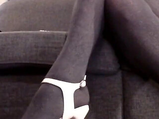 Pantyhose Crossed Legs White Stipper Heels Pumps