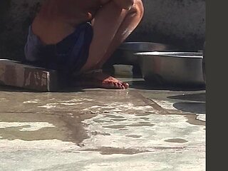 Desi Stepsister-in-law Is Taking A Bath In An Open Bathroom Near The Road On The Edge Of The Forest On The Farm