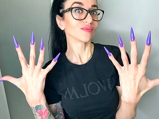Finger Snapping and Sucking Fingers with Long Purple Nails, Glasses and Face