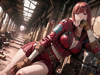 Tight Leather Suit Hugging Her Perfect Hips. She Lounges on the Broken Train Car, Hand Stroking Armor, Eyes Hazy yet Fierce.