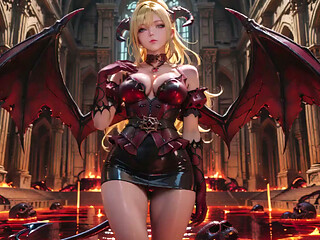 Lava Throne! Blonde Demon Queen Kneels & Spreads Her Wings, Lazy Tease with a Glass.