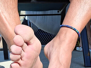 Showing you my bare feet and stroking my cock outside in the sun