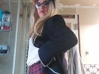 Horny Sissy in Uniform Loves Her Precum