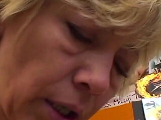 German Granny Sucks and Fucks Younger Stud in Shop