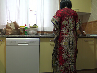 Stepmother lets stepson cum inside her hairy pussy in the kitchen