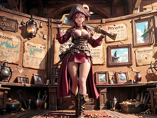 Redhead Pirate Captain! Playing with her cutlass in a vintage ship cabin