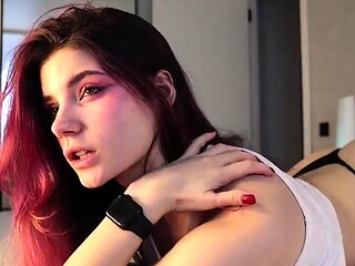 Busty redhead babe strips and masturbates