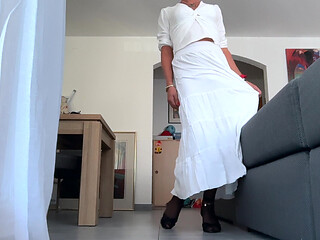 Exposed femboy Xunami in sexy high heels and black nylon