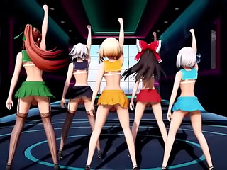 Multiple girls with cocks dance
