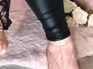 Sensual Foot Play, Black Lace & Golden Jewelry