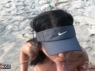 Petite brunette gets big cock on a deserted beach